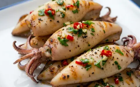 Gebratene, tiefgefrorene Calamari mit Chili und Petersilie aus der Pfanne, ein köstliches Gericht.