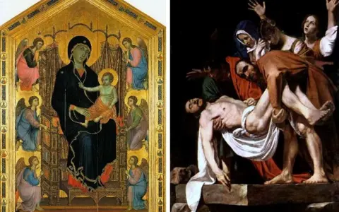Madonna z Krużlowej, otoczona aniołami, obok sceny złożenia Chrystusa do grobu.