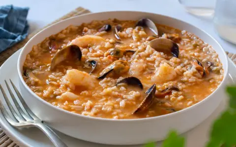 Un delicioso arroz caldoso de marisco, repleto de gambas, mejillones y almejas, servido en un cuenco blanco.