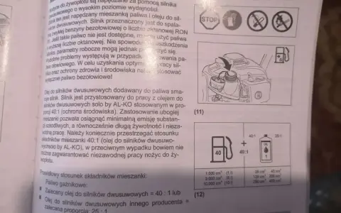 Ile wchodzi oleju do silnika? Instrukcja podaje proporcje 40:1 lub 25:1 w zależności od rodzaju oleju.