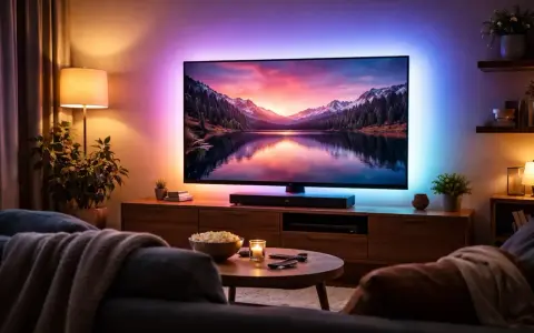 Relaks w salonie z kolorowymi lampami nad telewizorem, tworzącymi nastrojową atmosferę.