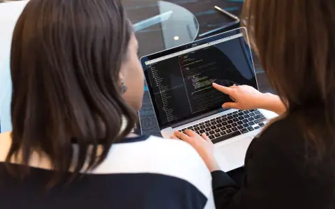 Due persone analizzano codice su un laptop. Una indica una riga, mostrando cosa fa un analista funzionale.
