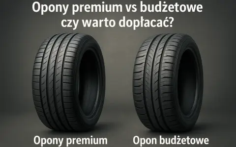 Dwa koła samochodowe: po lewej opona premium, po prawej budżetowa. Porównanie różnych marek opon.
