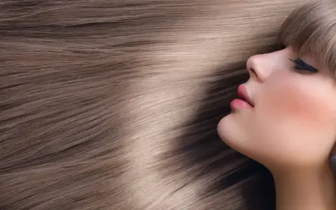 Kobieta z subtelnym makijażem i fryzurą w odcieniu beżowy blond sombre, otoczona gęstymi, lśniącymi włosami.