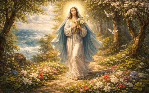 Chwalcie łąki umajone! Maryja w błękitnym płaszczu, z liliami w dłoniach, idzie przez kwiecistą ścieżkę ku morzu.