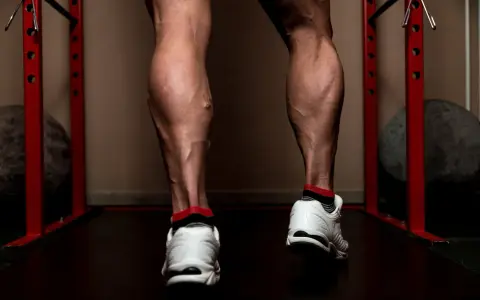 Jambes musclées, mollets sculptés par l'entraînement. Des veines saillantes témoignent d'un travail acharné pour muscler le mollet.