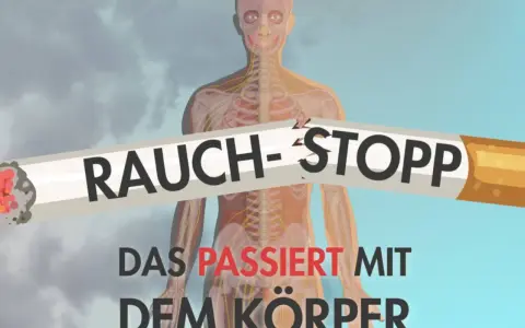 Rauch-Stopp: Ein zerbrochenes Zigarettenstück überlagert die Darstellung eines menschlichen Körpers mit Nerven und Knochen. Der Text darunter warnt: "Das passiert mit dem Körper". Der Puls des Körpers wird durch das Rauchen beeinträchtigt.
