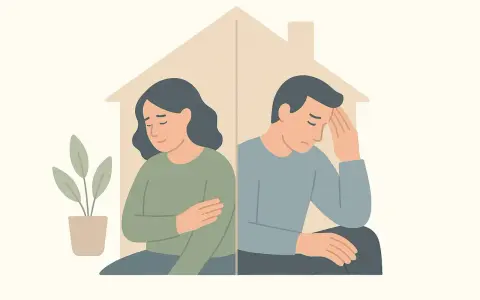 Un couple, séparé par une maison stylisée, exprime la tristesse et le désarroi d'une séparation de corps et de bien.