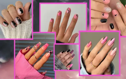 Collezione di unghie rosa e nere semplici con vari design: cuori, fiamme, geometrie e glitter.