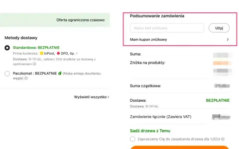Podsumowanie zamówienia z polem na wpisanie kodu zniżkowego. Możesz tu użyć swojego **koleo kupon rabatowy** i obniżyć cenę.