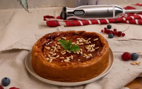 Bizcocho de avena casero, glaseado y decorado con piñones y menta. Frutos rojos y batidora al fondo.