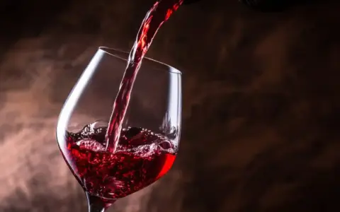 Vino tinto se vierte en una copa, creando burbujas y espuma. Un brindis por el día del vino.