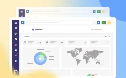 Panel de control con gráficos de pastel y mapa mundial. Muestra métricas clave y la amortización de aplicaciones informáticas.