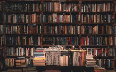 Wielka biblioteka pełna książek. Na pierwszym planie stosy książek, jedna z nich przypomina bułeczkę.