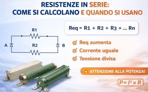 Schema di resistenze in serie con formula Req=R1+R2+...Rn. La resistenza elettrica totale aumenta, la corrente è uguale e la tensione si divide.