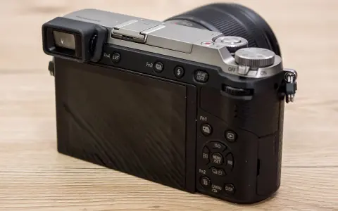 Retro della fotocamera Panasonic Lumix GX80 con obiettivo. Schermo LCD e mirino elettronico visibili.