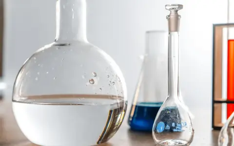 Laboratorieglas med vatten och blå vätska. Frågan om man kan dricka destillerat vatten är relevant i vetenskapliga sammanhang.