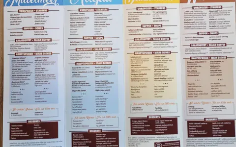 Center Parcs Restaurant Speisekarte: Vielfalt von Vorspeisen bis Desserts, mit Optionen für jeden Geschmack.