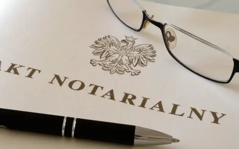 Akt notarialny z orłem, długopis i okulary.
