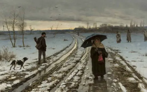 Droga błotnista, śnieg topnieje, ludzie idą w deszczu. To obraz przedwiośnia, symbolizujący nadzieję na wiosnę.