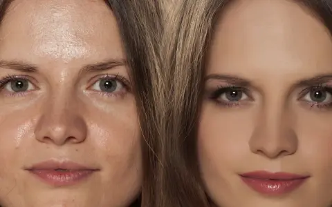 Porównanie twarzy: przed i po zastosowaniu makijażu na tłustą cerę.