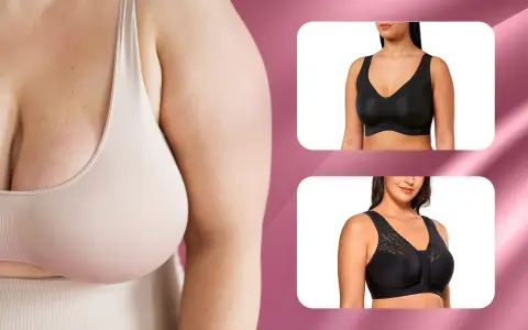 Un seno a campana valorizzato da un reggiseno beige. A destra, due modelli neri: uno liscio e uno con pizzo.