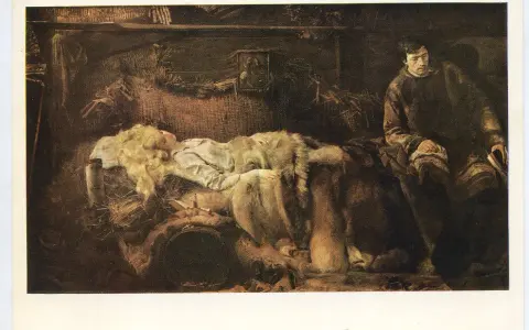 Malczewski przy łóżku chorej Ellenai, która leży otulona futrem. Mężczyzna czyta książkę, pogrążony w smutku.