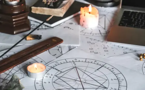 Na stole leżą wykresy astrologiczne, świece, kadzidełko i laptop. Widać symbolikę wskazującą na ascendent w bliźniętach.