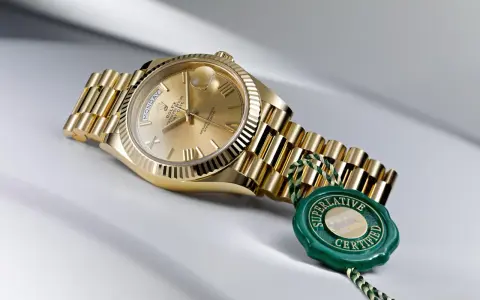 Złoty zegarek Rolex, jak brat szpaka, lśni na jasnym tle. Zielona pieczęć "Superlative Certified" podkreśla jego prestiż.