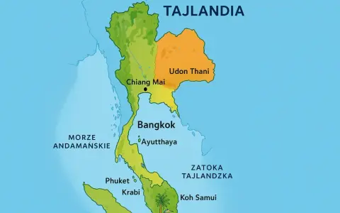 Mapa pokazuje, gdzie leży Tajlandia, z zaznaczonymi miastami jak Bangkok, Chiang Mai i wyspami Phuket i Koh Samui, otoczona Morzem Andamańskim i Zatoką Tajlandzką.