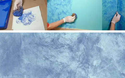 Manos con guantes crean originales pintar paredes con efectos texturizados usando esponjas y pintura azul.