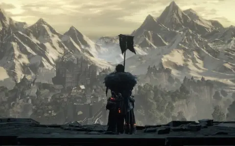 Un guerrero con armadura y un estandarte observa un castillo en ruinas y montañas nevadas. Un paisaje épico para tu **Dark Souls 3 guía**.
