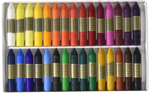 Ceras Manley de colores variados en una caja, dispuestas en dos filas.