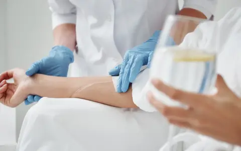 Pielęgniarka w niebieskich rękawiczkach zakłada wenflon do ręki pacjenta, przygotowując kroplówkę.