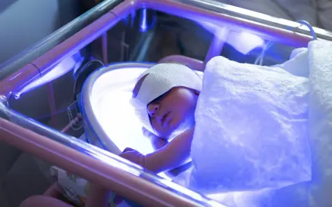 Un neonato dorme sotto luci blu per la fototerapia, con gli occhi protetti da bende.
