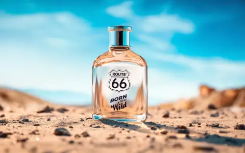 Szklana butelka perfum Route 66 "Born to be Wild" stoi na piaszczystej pustyni pod błękitnym niebem.