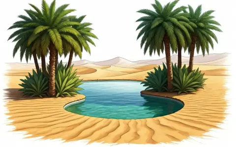 Un oasis de palmiers et d'eau bleue au milieu des dunes de sable. Un havre de paix dans le désert.