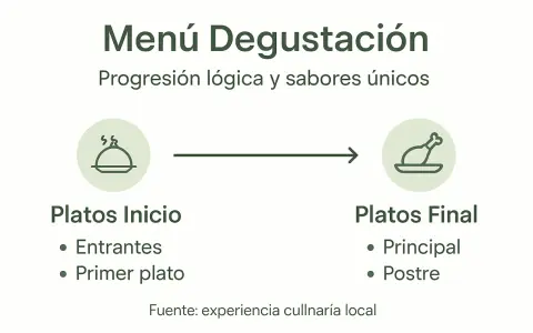 Ilustración de **que es un menú degustación**: progresión de platos inicio (entrantes, primer plato) a platos final (principal, postre).