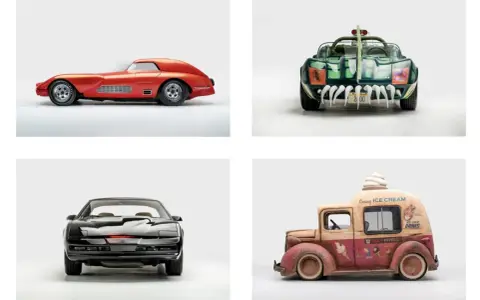 Colección de coches mas famosos: el rojo futurista, el verde monstruoso, el negro KITT y un camión de helados vintage.