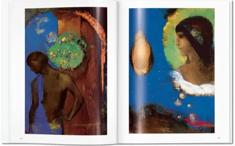 Dwie surrealistyczne sceny autorstwa Odilona Redona: postać w łuku i profil kobiety w otoczeniu gwiazd.