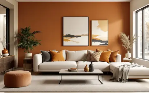Un salon ocre chaleureux avec un canapé blanc, des coussins aux tons terreux, et des œuvres d'art abstraites.