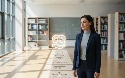 Kobieta w garniturze na tle biblioteki, wizualizacja ścieżki kariery: jak zostać psychologiem, od studiów po specjalizacje.
