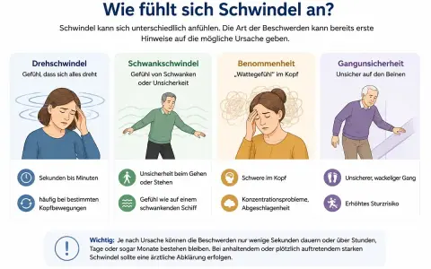 Illustrationen zeigen verschiedene Arten von Schwindel: Drehschwindel, Schwankschwindel, Benommenheit und Gangunsicherheit. Was tun bei Schwindel? Ärztliche Abklärung bei anhaltenden Beschwerden.