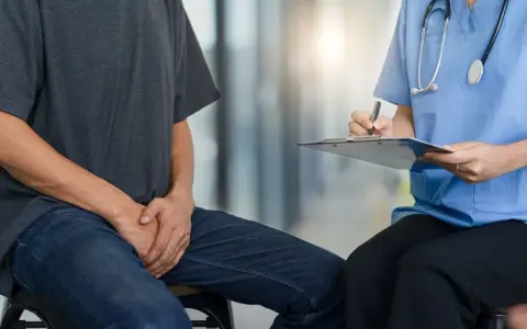 Mężczyzna w dżinsach i szarej koszulce rozmawia z lekarką, która notuje na kartce. Czy zapalenie prostaty przechodzi samo?