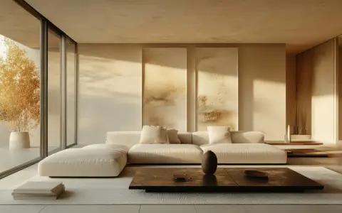 Un soggiorno con divano bianco, tavolino scuro e quadri astratti. Un esempio di stile minimal casa, con luce naturale che filtra da un'ampia vetrata.