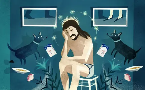 Smutny Jezus siedzi, otoczony przez psy i paczki cukru. Może to metafora trudności w życiu, jakby chciał wszystko "ulepszyć" jak w Ultimaker Cura po polsku.