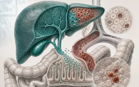 Fegato e intestino con dettagli di cellule, vasi sanguigni e un ingrandimento che mostra la mutazione G20210A.