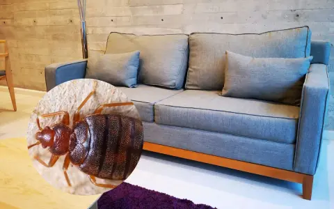 Primer plano de una chinche en un sofá gris. ¡Es hora de eliminar chinches del sofá!