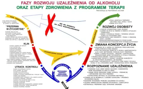 Cykl alkoholizmu z pokolenia na pokolenie: od picia towarzyskiego, przez utratę kontroli, aż po śmierć lub leczenie.