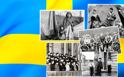 Historiska bilder av olika grupper, inklusive samer, visar Sveriges nationella minoriteter.